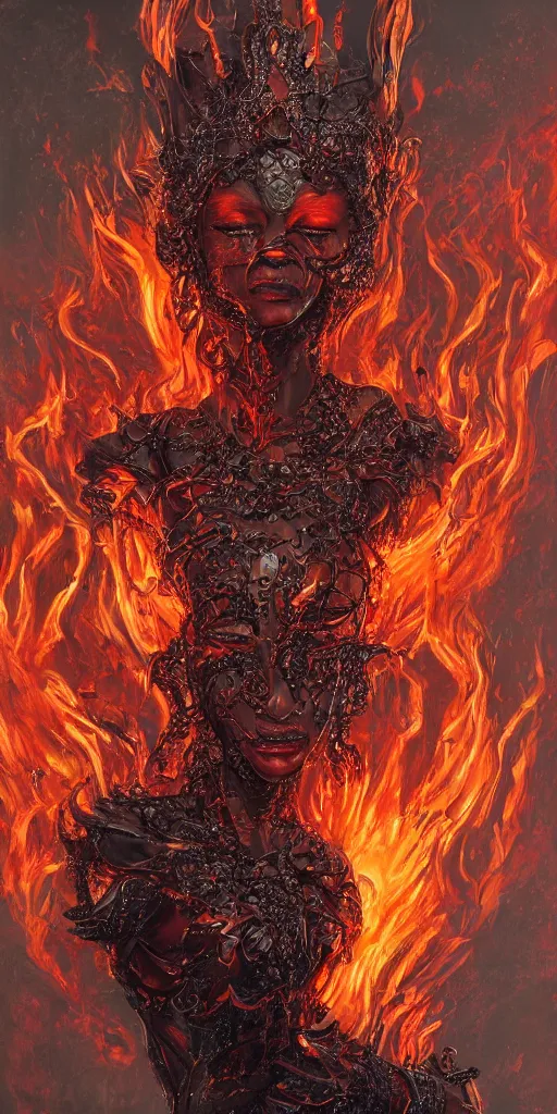 Image similar to Fantasy character portrait of distorted detailed painting of a queen woman made of fire, hyper detailed, red flames, trending on Artstation