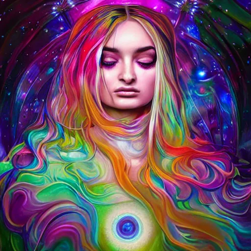 Image similar to a galaxy colored psychedelic chakra awakening kundalini ethereal portrait of kim petras with her eyes closed transcending to a higher plane of existence, eternal blessing, multiverse, by android jones, by ben ridgeway, visionary art, by artgerm, featured on artstation, cgsociety, by greg rutkowski