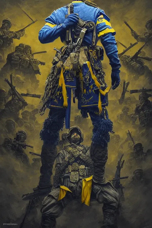 Image similar to a distant shot of a Ukrainian Call of Duty soldier with blue and yellow uniform standing alone on a pile of skulls as a winner, masculine figure, D&D, fantasy, intricate, elegant, highly detailed, extremely detailed, digital painting, artstation, concept art, matte, sharp focus, symmetrical, illustration, art by Artgerm and Greg Rutkowski and Alphonse Mucha