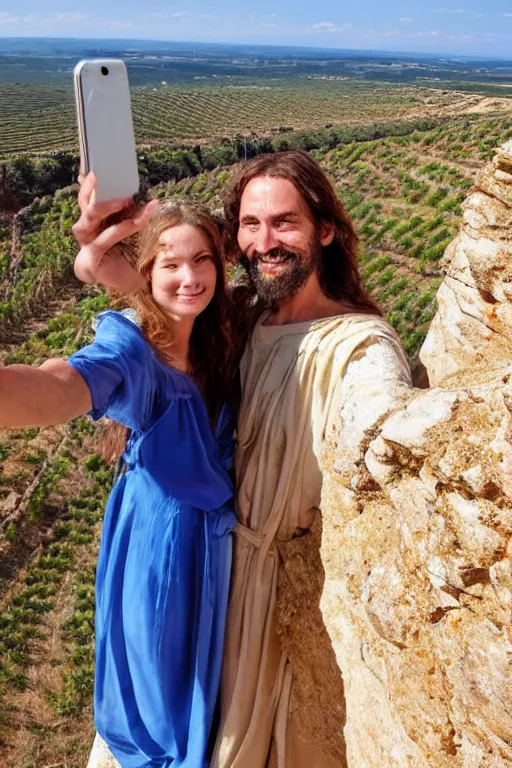 Image similar to selfie from a mobile phone of jesus and mary magdalene standing on a cliff looking over a beautiful landscape in france, languedoc, award winning photo, very detailed, very realistic