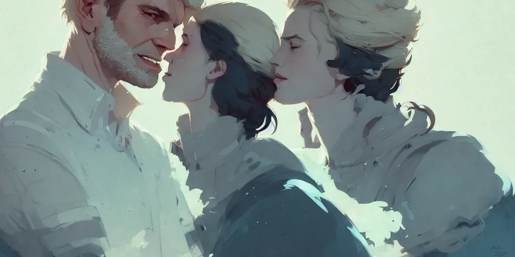 Prompt: portrait of cullen with a beautiful woman he loves by atey ghailan, by greg rutkowski, by greg tocchini, by james gilleard, by joe fenton, by kaethe butcher, dynamic lighting, gradient light blue, brown, blonde cream and white color scheme, grunge aesthetic