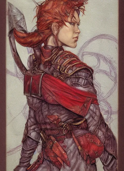 Image similar to portrait of strong female ranger, beautiful! coherent! dungeons and dragons character, by brian froud, strong line, deep color, leather armor, short red hair, high contrast