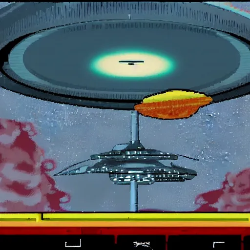 Image similar to screenshot from 1 9 8 0 s point and click star trek game showing a landing party on an alien planet