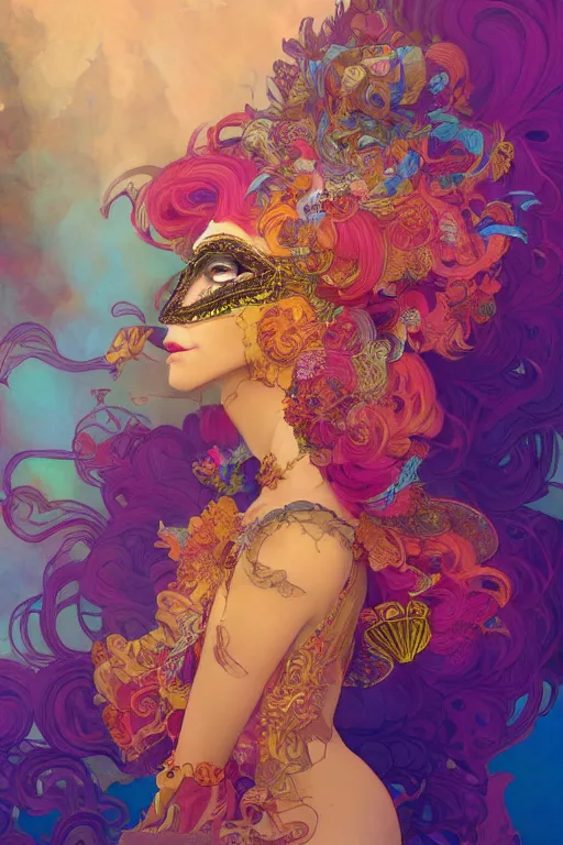 Image similar to woman in Venetian mask, profile, center of the universe, psychedelic, character concept, floating hair, gauzy dress, full body shot, many colors, colorful, all colors, highly saturated colors,, fantasy character, detailed illustration, hd, 4k, digital art, overdetailed art, concept art, Dan Mumford, Peter Mohrbacher, Alfons Mucha, Greg Rutkowski, trending on artstation