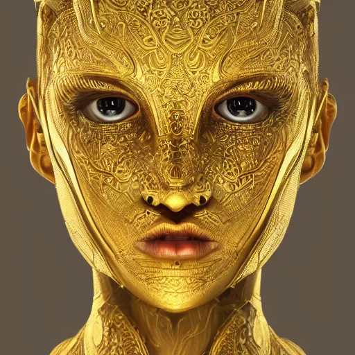 Prompt: an intricate, detailed face of an android, golden skin with water drops on it, unreal engine, trending on artstation, art nouveau