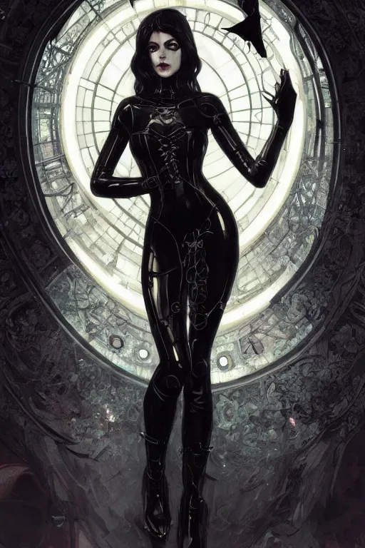 Prompt: Beautiful pale cyberpunk gothic girl in black latex intricate, elegant, highly detailed, digital painting, artstation, concept art, smooth, sharp focus, illustration, art by artgerm and greg rutkowski and alphonse mucha