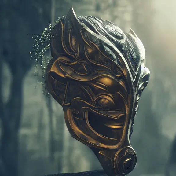 Prompt: fantasy mask, splash art, movie still, cinematic lighting, dramatic, octane render, long lens, shallow depth of field, bokeh, anamorphic lens flare, 8k, hyper detailed, 35mm film grain