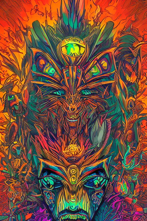 Image similar to totem animal mask tribal feather gemstone plant wood rock shaman vodoo video game vector illustration vivid multicolor borderlands comics by josan gonzales and dan mumford radiating a glowing aura