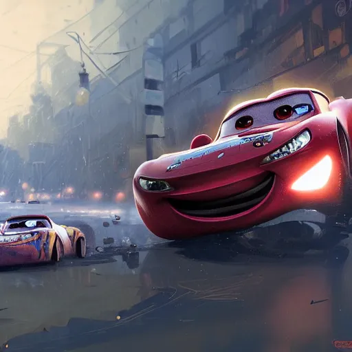 Image similar to lightning mcqueen crash in heavily by greg rutkowski