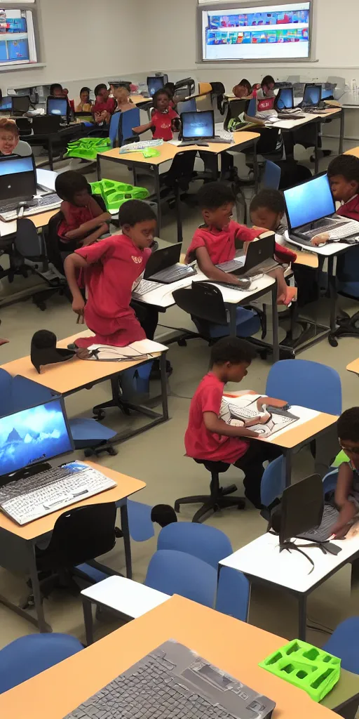 Prompt: a matte painting of the children learn programming in the computer classroom.