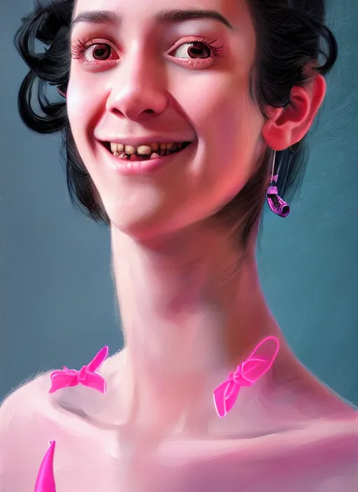 Image similar to portrait of high school girl, realistic, black hair, bangs, half updo hairstyle, pointy nose, skinny, smile, ugly, defined jawline, big chin, pink hair bow, earrings, intricate, elegant, glowing lights, highly detailed, digital painting, artstation, sharp focus, illustration, art by wlop, mars ravelo and greg rutkowski