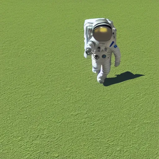 Image similar to A 3D render of an astronaut walking in a green desert