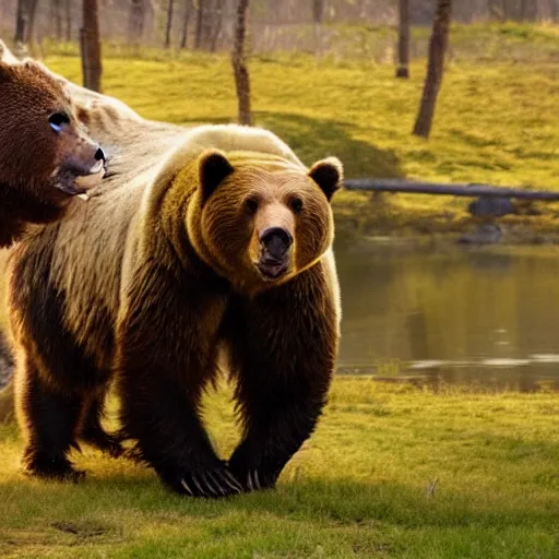 Image similar to film still of a bear and a bull movie 4k