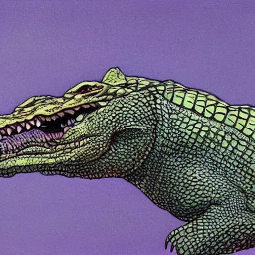 Prompt: a hybrid animal half crocodile and half tiger, futuristic city scape, rule of thirds, painting by moebius