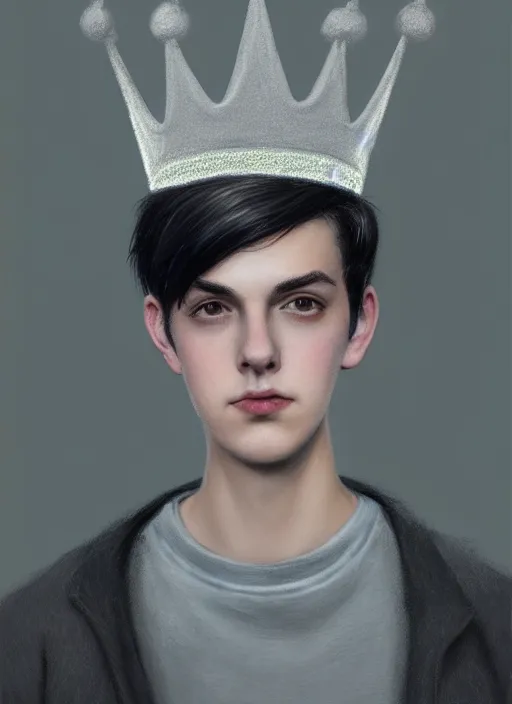 Image similar to portrait of teenage jughead jones wearing a light grey crown, photorealistic, crown, eyes closed, crown, black hair, intricate, elegant, glowing lights, highly detailed, digital painting, artstation, concept art, smooth, sharp focus, illustration, art by wlop, mars ravelo and greg rutkowski