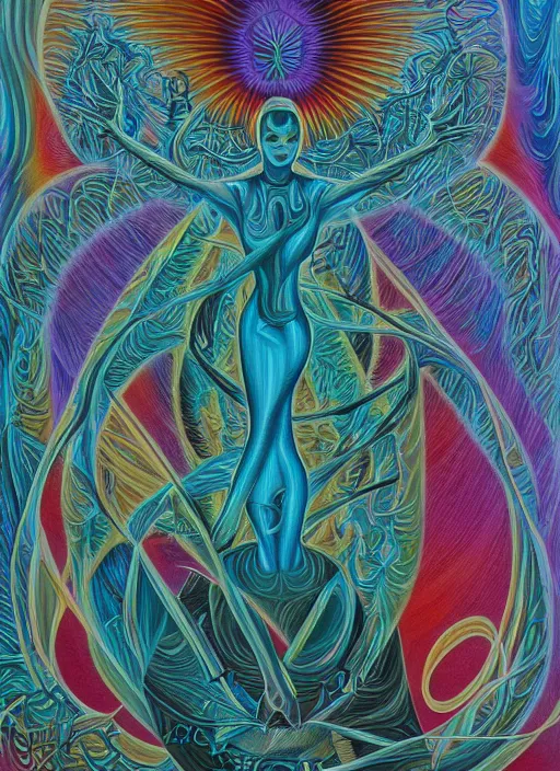 Image similar to alex grey painting depicting teal swan