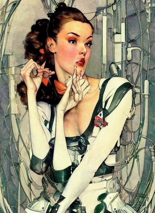 Image similar to a copic maker art nouveau portrait of a russian model girl detailed features wearing a atex suit weeding designed by balenciaga by john berkey, norman rockwell akihiko yoshida