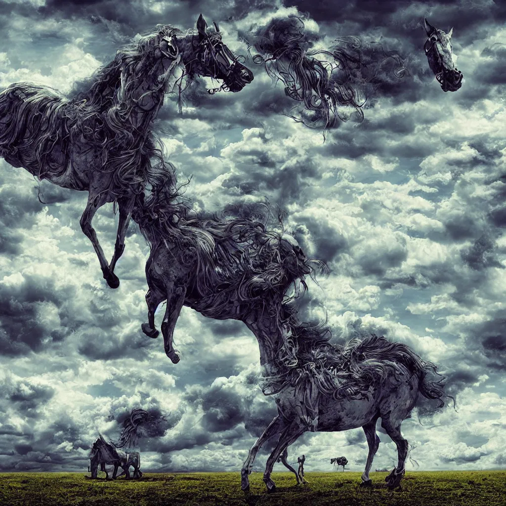 Prompt: mule, apocalypse, surreal, trippy, highly detailed digital art, clouds, limes, serene