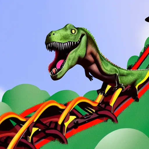 Image similar to a dinosaur riding a roller coaster