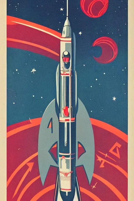 Prompt: poster of rocket flying through space, 1 9 5 0 s style, futuristic design, dark, symmetrical, washed out color, centered, art deco, 1 9 5 0's futuristic, glowing highlights, intense