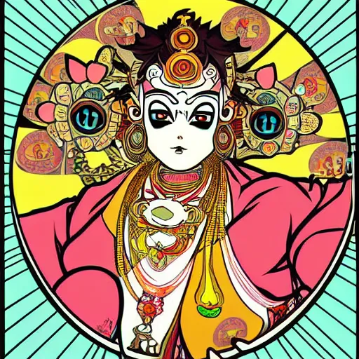 Image similar to anime manga style kathakali illustration style by Alphonse Mucha and Takashi Murakami pop art nouveau