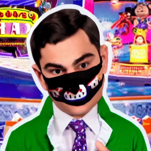 Prompt: ben shapiro in a chuck e cheese costume with the mask off