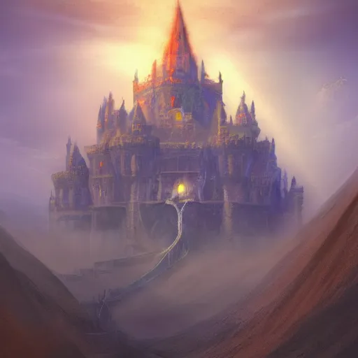 Prompt: The royal castle of a sacred family hidden at the bottom of a large sand cavern. A ray of light shines on the castle from above. Concept art, trending on artstation, matte painting, detailed, ultra high quality