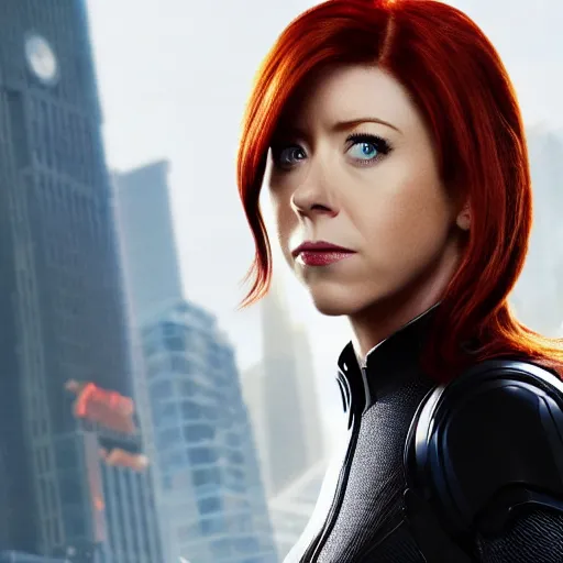 Image similar to film still of Alyson Hannigan playing Black Widow in The Avengers, 4k