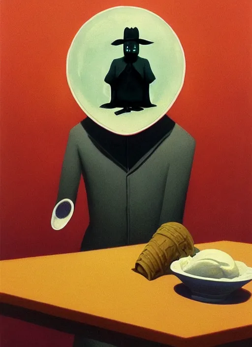 Image similar to plague doctor eating ice cream Edward Hopper and James Gilleard, Zdzislaw Beksinski highly detailed