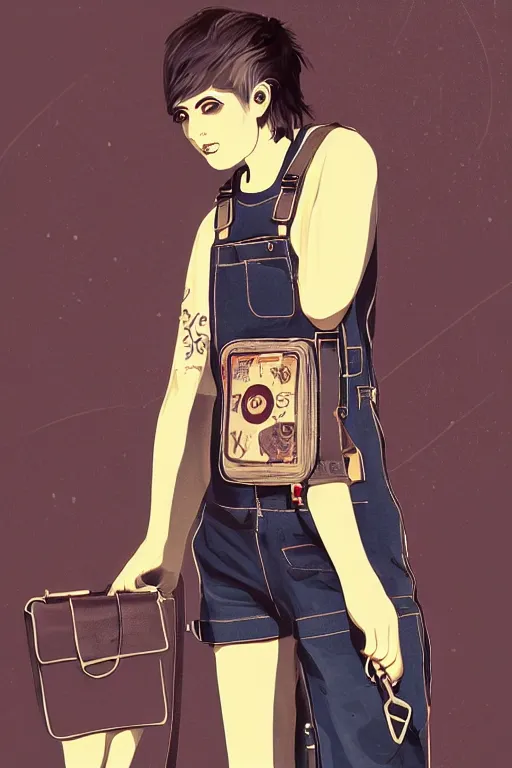 Image similar to a full body portrait beautiful androgynous punk girl with short hair and beautiful eyes who is a mechanic wearing overalls with a utility bag, digital illustration, digital concept art, digital painting, ornate decorative background, very aesthetic!!!!!!, trending on artstation