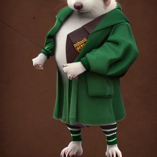 Image similar to a anthropomorphic ferret is dressed as a hogwarts student in slytherin robes, hyperdetailed, artstation, cgsociety, 8 k