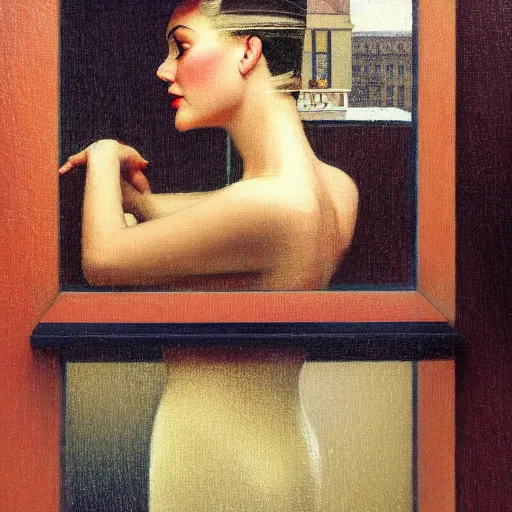 Image similar to retrofuturistic 1 9 3 0 s detailed oil painting of a woman in a window, cyberdeco cloisters, electronic billboards, tech noir, wet reflections, atmospheric, ambient, wlop, livia prima, george tooker, greg rutkowski, gil elvgren, grant wood, alexis flower, hopper, mucha, whistler, norman rockwell, peter max