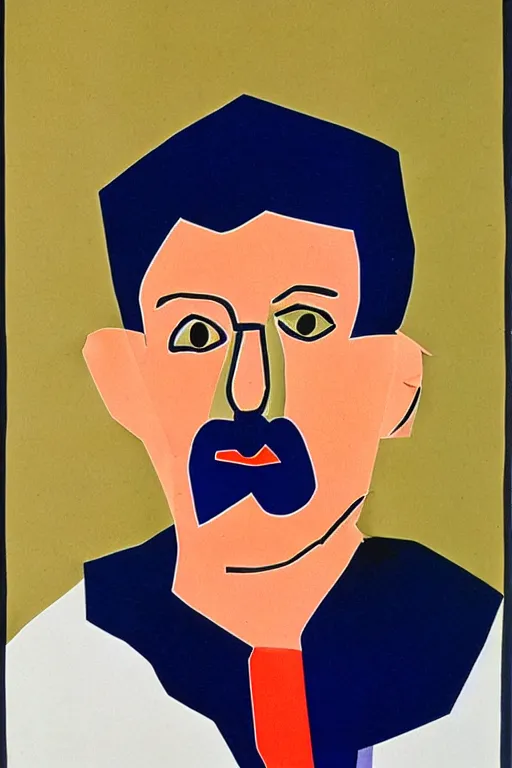 Prompt: a portrait a very ordinary person, by Henri Matisse, cut-out paper collage, flat bold color, facing front