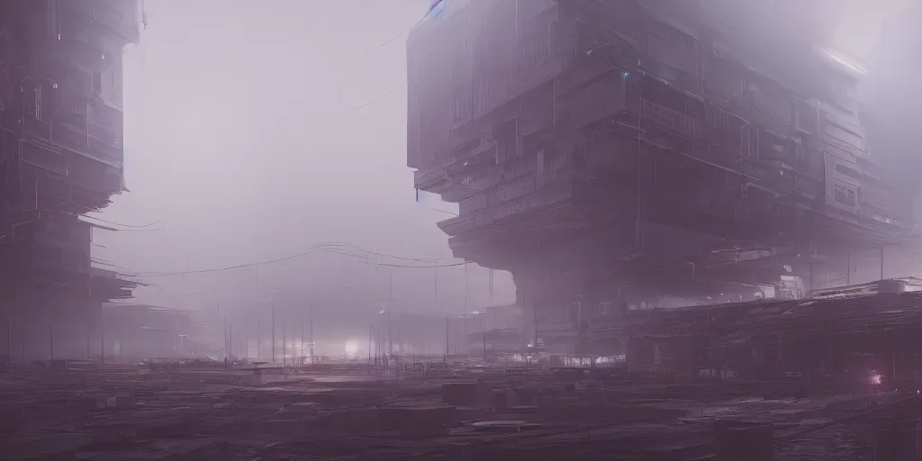 Prompt: an epic render of a massive cyberpunk factory building, volumetric light, fog, trending on artstation