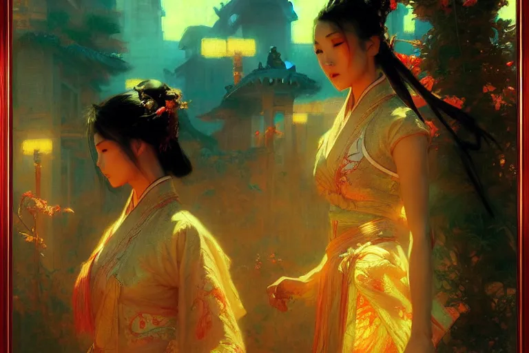 Image similar to wuxia, summer, neon light, painting by gaston bussiere, craig mullins, j. c. leyendecker