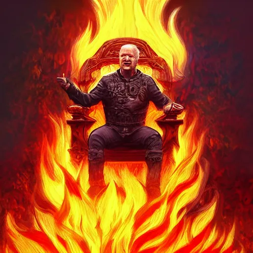 Image similar to Joe Biden sitting on a throne of skulls surrounded by fire, digital painting, highly detailed, trending on Artstation