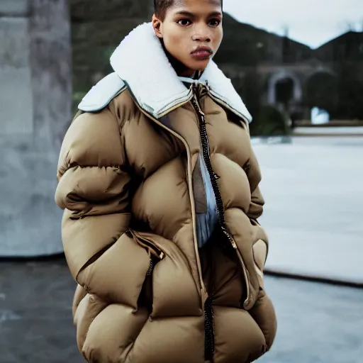 Image similar to realistic photoshooting for a new balenciaga lookbook color film photography portrait of a beautiful woman model, model wears a puffer jacket, photo in style of tyler mitchell, wes anderson