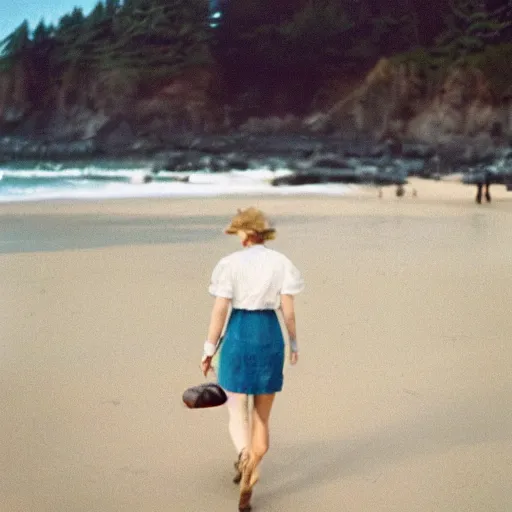 Image similar to a film photo young 20s something woman walking on beach in Oregon, Kodak gold 200 film, trending on instagram