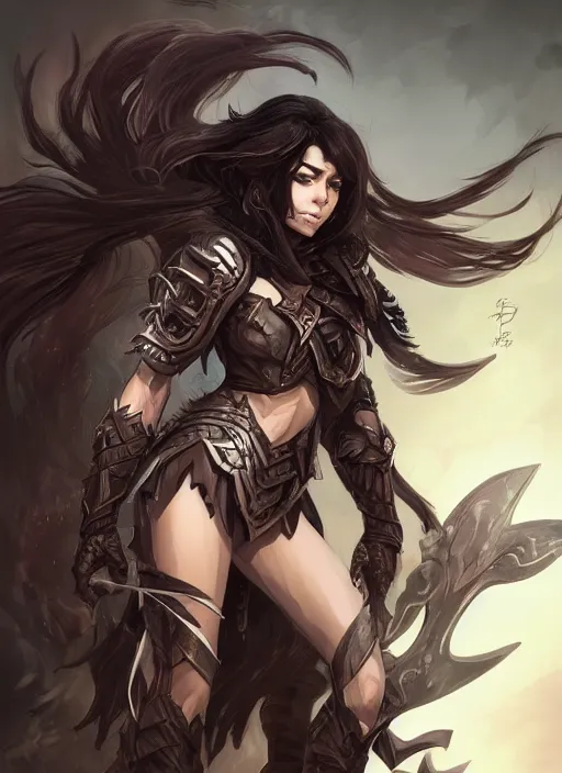 Image similar to beautiful warrior lady, black long hair, practical armor, brown skin, demonic eyes, low fantasy, extremely detailed, sharp focus, smooth, digital illustration, by rossdraws, frank franzzeta, sakimichan