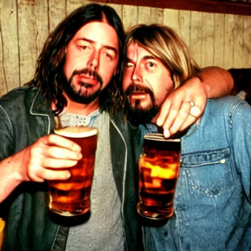 Prompt: Photo of Kurt Cobain and Dave Grohl drinking pints in a bar