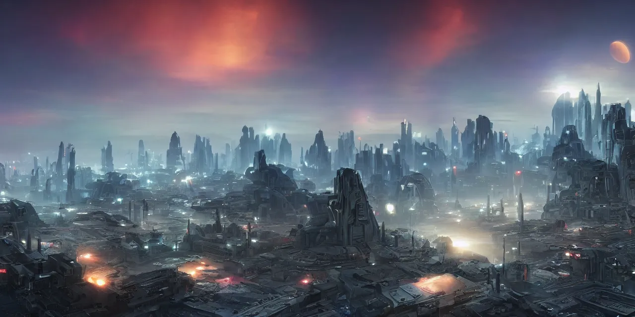 Prompt: sifi - ci city sunset, planets in the sky by dylan cole, matte painting with high detail, ground level, sci - fi star wars megacity with dramatic lighting and dramatic sky, 4 k, cinematic cinematography.