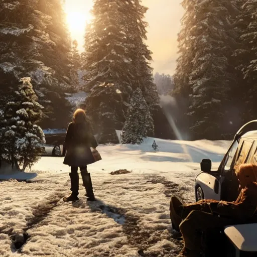 Prompt: a movie still from final fantasy live action, a traveler camping alone in the snow