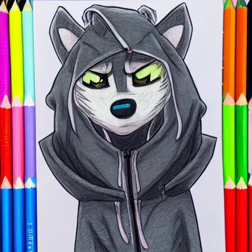 Image similar to anime style colored pencil sketch of an anthropomorphic wolf fursona furry male character wearing a hoodie, notebook drawing, realisitc photo