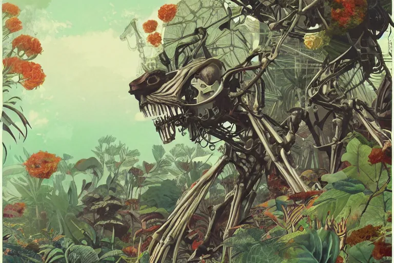 Image similar to 2 d gouache illustration, a lot of exotic vegetation, trees, tremendous skeletal robotic ancient gigantic cat, flowers, oldschool vintage sci - fi flat surreal design, super - detailed, painting by satoshi kon, hd, 4 k, high quality