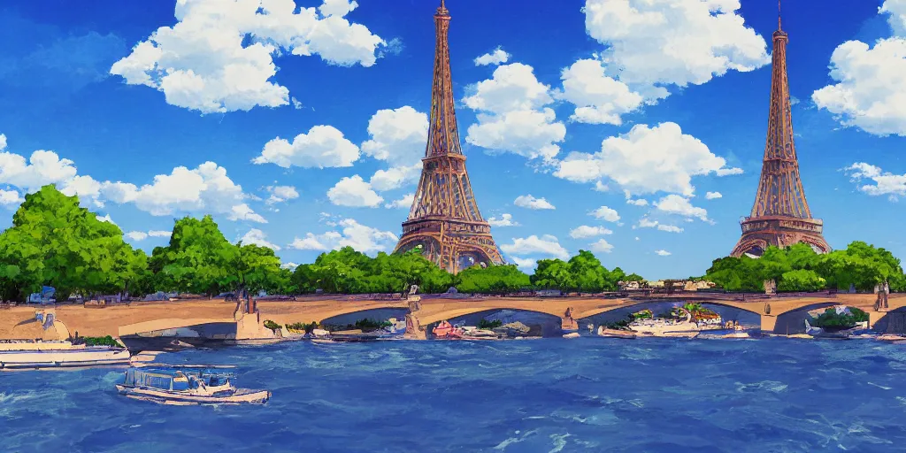 Prompt: a view on eiffel tower from seine with amazing clouds and blue sky, in the style of makoto shinkai anime and studio ghibli anime, colorful, romantic, 4 k resolution, artstation, pixiv, anime background,