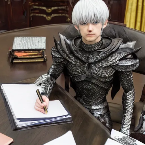 Image similar to a person cosplaying griffith from berserk manga by kentaro miura sitting at his white house oval office desk