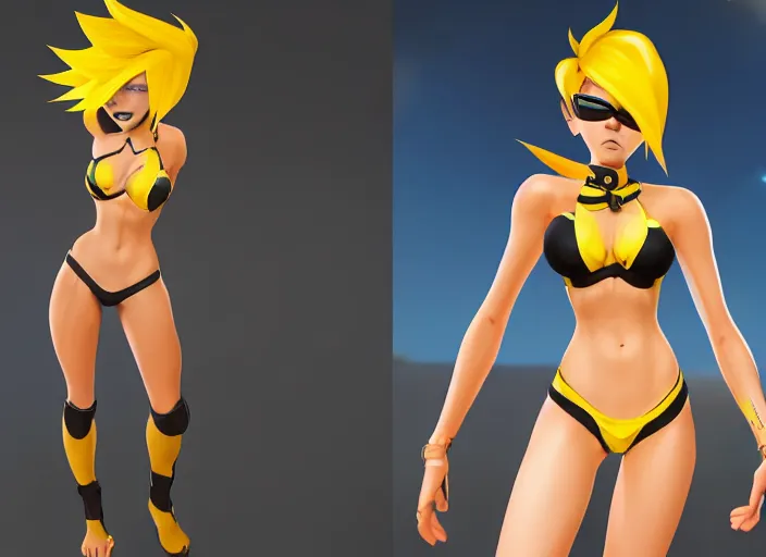 Image similar to tracer game character, in yellow bikini, blonde hair, black eyes, full height