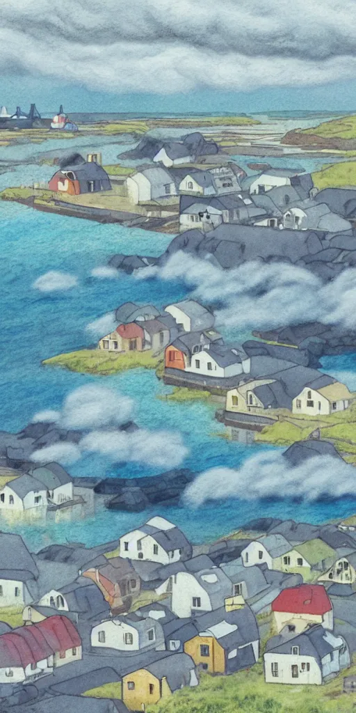 Image similar to a beautiful painting of a icelandic fishing village, storm clouds gathering over the town, by studio ghibli 8 k pastel colours, isometric drone shot smeared watercolours, golden light film grain