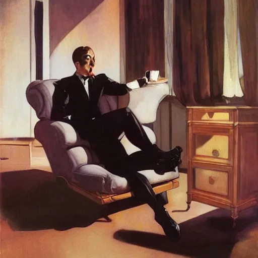 Prompt: man in futurist room with coffee and black suit by leyendecker and dean cornwell, 8 feet from the camera, 6 0 ´ s futurist furniture