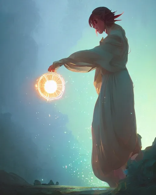 Image similar to highly detailed vfx portrait of a mage casting a light spell, unreal engine, greg rutkowski, loish, rhads, beeple, makoto shinkai and lois van baarle, ilya kuvshinov, rossdraws, tom bagshaw, alphonse mucha, global illumination, detailed and intricate environment